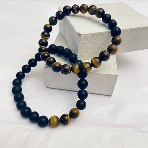 Hamoery Bracelets with Black Agate & Brown Tiger Eye Beads Set of 2